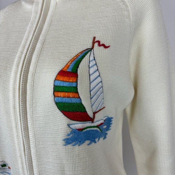 Vintage 80s Nautical Sweater Embroidered Sailboat Zip Up Cardigan - Picture 4 of 10